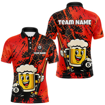 Maxcorners Custom Funny Red Beer 8 Ball Pool Billiard Shirt for Men Polo & 1/4 Zip, Billiard Team Jerseys LM2602