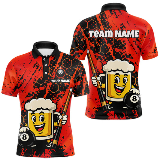 Maxcorners Custom Funny Red Beer 8 Ball Pool Billiard Shirt for Men Polo & 1/4 Zip, Billiard Team Jerseys LM2602