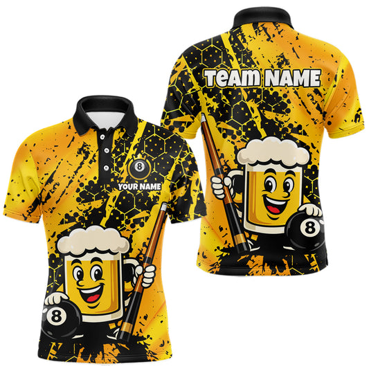 Maxcorners Custom Funny Yellow Beer 8 Ball Pool Billiard Shirt for Men Polo & 1/4 Zip, Billiard Team Jerseys LM2602