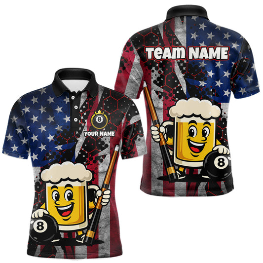 Maxcorners Custom Funny US Flag Beer 8 Ball Pool Billiard Shirt for Men Polo & 1/4 Zip, Billiard Team Jerseys LM2602