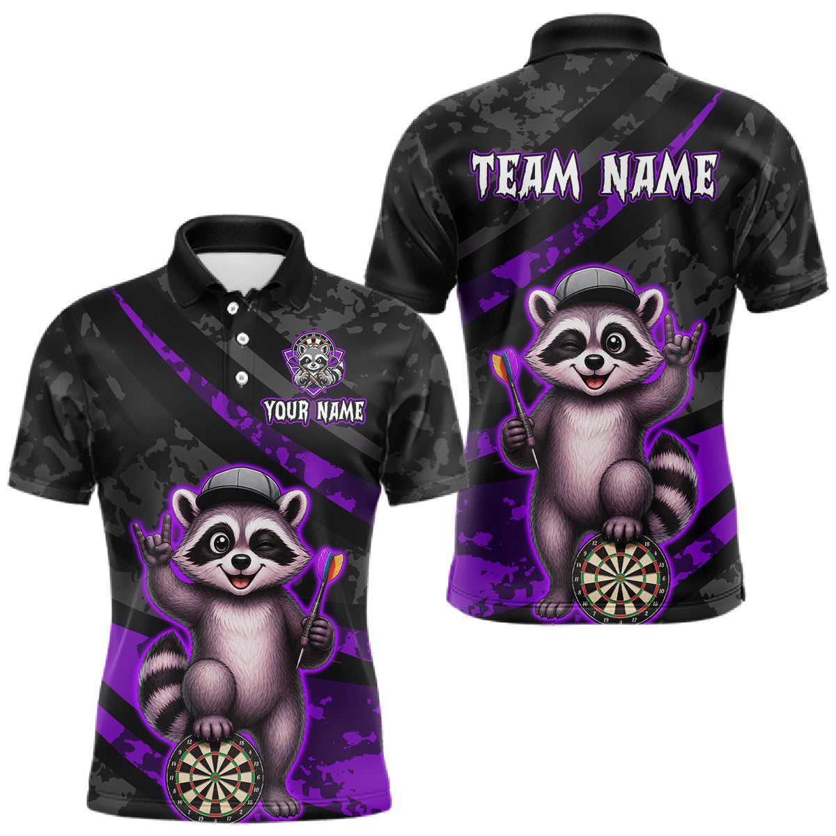 Maxcorners Custom Purple Raccoon Darts Shirt for Men Darts Team Jerseys Dart Uniform Polo & 1/4 Zip
