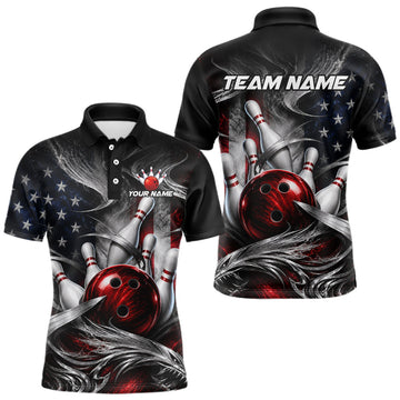 Maxcorners Custom Silver Smoke American Flag Bowling Team Shirts Bowling Jersey for Men Bowling League LM2607