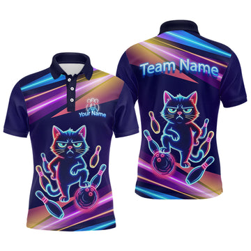 Maxcorners Custom Funny Cat Neon Bowling Jerseys for Men Bowling League Polo & 1/4 Zip Bowling Team Shirts LM2201