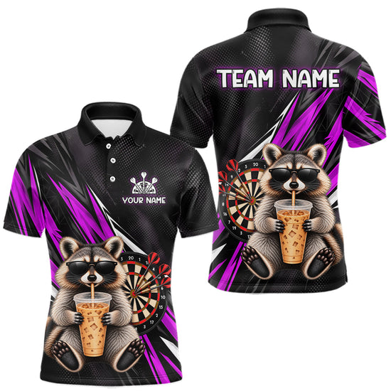 Maxcorners Custom Purple Funny Raccoon Drinking Iced Coffee Darts Team Shirts for Men Polo & 1/4 Zip