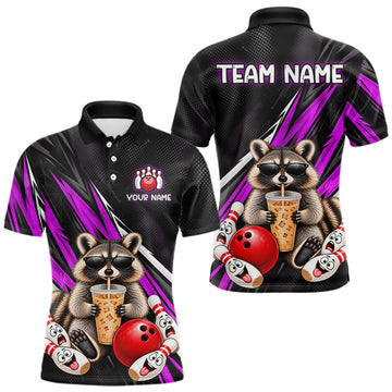 Maxcorners Purple Funny Raccoon Drinking Iced Coffee Bowling Shirt, Custom Bowling Team Shirts for Men