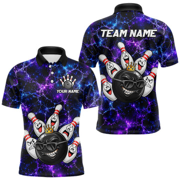 Maxcorners Purple Blue Funny Crown Bowling Ball and Pins Bowling Shirt, Bowling Team Shirts for Men