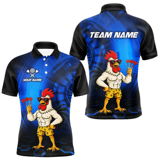 Maxcorners Custom Blue Funny Chicken Darts Shirt for Men Darts Team Jerseys Polo & 1/4 Zip Dart League