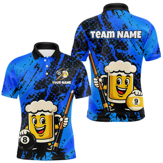 Maxcorners Blue Funny Beer 8 Ball & 9 Ball Custom Billiard Shirt for Men Billiard Team Jersey Billiard League LM0106
