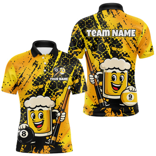 Maxcorners Yellow Funny Beer 8 Ball & 9 Ball Custom Billiard Shirt for Men Billiard Team Jersey Billiard League LM0106