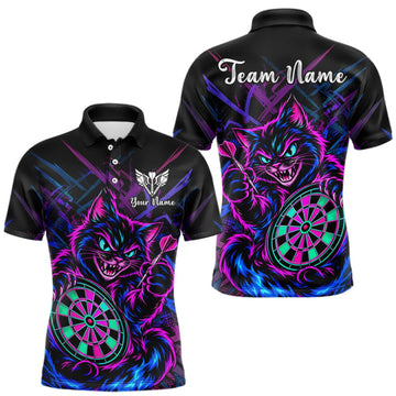 Maxcorners Custom Neon Funny Angry Cat Dart Shirts for Men Dart Team Jerseys Dartboard Outfit Shirt LM0510