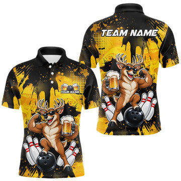 Maxcorners Custom Funny Deer With Beer Bowling Team Shirts for Men Bowling Outfit Polo & 1/4 Zip LM0609