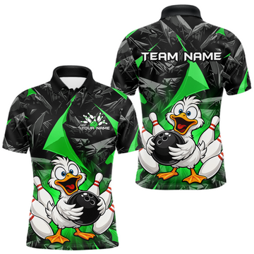 Maxcorners Custom Green Funny Duck Bowling Jersey for Men Bowling League Bowling Team Shirts Polo & 1/4 Zip