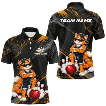Maxcorners Custom Funny Cat Bowling Team Shirts for Men Bowling Tournament for Bowler Polo & 1/4 Zip