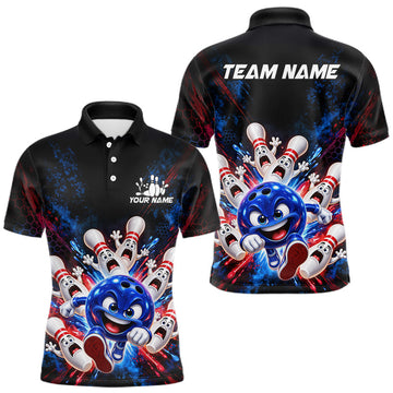 Maxcorners Custom Funny Blue Bowling Ball and Pins Bowling Team Jerseys for Men Bowling League Shirt