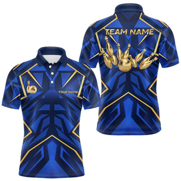Maxcorners Custom Blue Gold Bowling Jersey for Men Bowling Team Shirts Bowling League Polo & 1/4 Zip