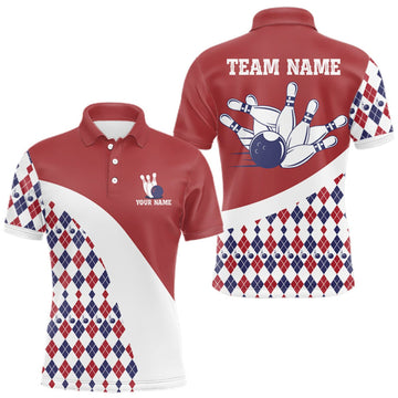 Maxcorners Custom Red White Argyle Pattern Bowling Jersey for Men Bowling Team Shirts Polo & 1/4 Zip LM1508