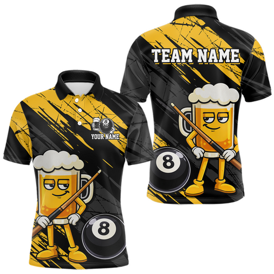 Maxcorners Custom Funny Yellow Beer 8 Ball Pool Men Billiard Polo & 1/4 Zip, Billiard Shirt, Billiard Team Jerseys LM2602