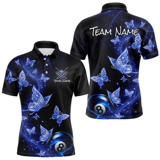 Maxcorners Custom Blue Butterfly Galaxy 8 Ball Billiard Shirt for Men Billiard Team Jersey Billiard League LM1705