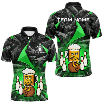 Maxcorners Custom Green Funny Beer Bowling Jersey for Men Bowling Team Shirts Polo & 1/4 Zip LM1508