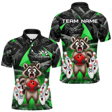 Maxcorners Custom Green Funny Raccoon Bowling Team Shirts Bowling Jersey for Men Polo & 1/4 Zip LM2709