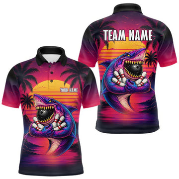 Maxcorners Custom Funny Neon Shark Sunset Bowling Jersey for Men Bowling Team Shirts Polo & 1/4 Zip LM1508