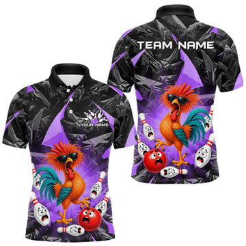 Maxcorners Custom Purple Funny Chicken Bowling Team Jerseys for Men Bowling League Polo & 1/4 Zip