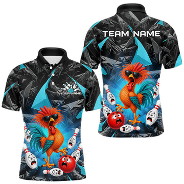 Maxcorners Custom Turquoise Funny Chicken Bowling Team Jerseys for Men Bowling League Polo & 1/4 Zip