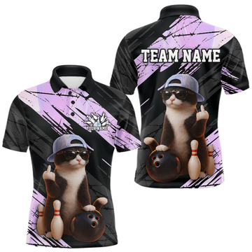 Maxcorners Custom Funny Cat Holographic Bowling Jersey for Men Bowling Polo & 1/4 Zip Bowling Team Shirts