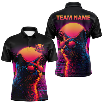 Maxcorners Custom Funny Cat Retro Sunset Bowling Jersey for Men Bowling Uniform Bowling Team Shirts LM1904