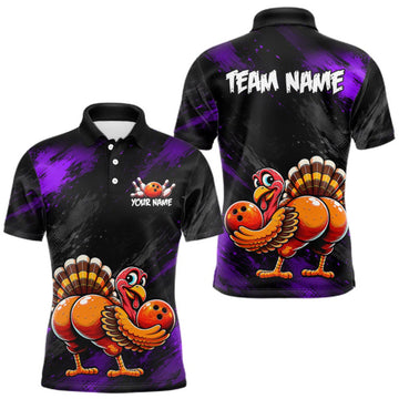 Maxcorners Purple Funny Turkey Chicken Custom Bowling Team Shirts For Men Thanksgiving Bowling Gifts LM0409
