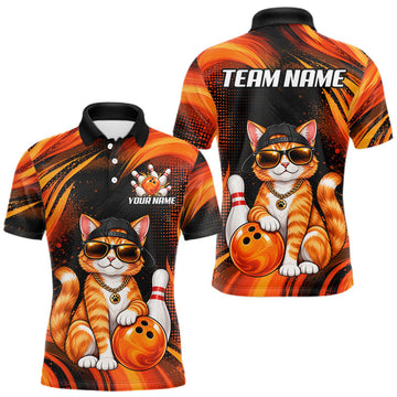 Maxcorners Custom Orange Funny Cat Bowling Jerseys for Men Bowling Team Jerseys Bowling for Bowlers