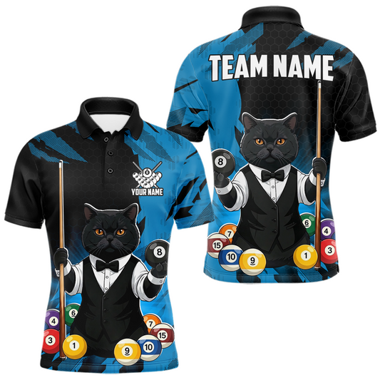 Maxcorners Custom Black Cat 8 Ball Pool Shirts Blue Billiard Shirt for Men Billiard Team Jersey Billiard Gift LM2704