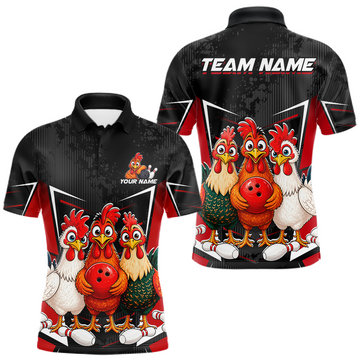 Maxcorners Red Funny Three Chicken Bowling Jersey for Men Bowling League Bowling Team Shirts LM2704