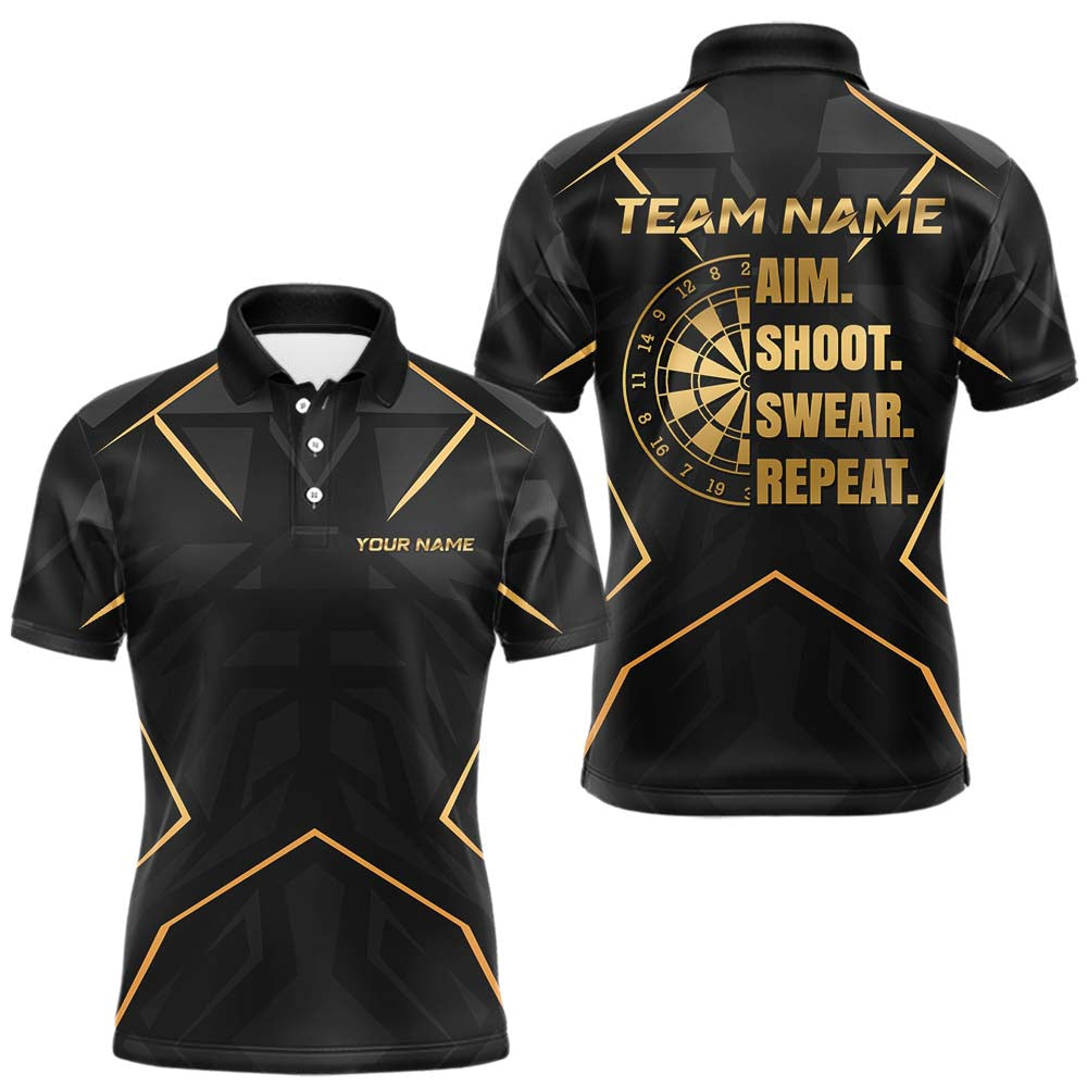 Maxcorners Custom Black Gold Aim Shoot Swear Repeat Darts Shirt for Men Darts Team Jerseys Polo & 1/4 Zip