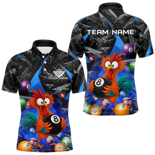 Maxcorners Custom Funny Blue Chicken 8 Ball Pool Billiard Shirt for Men Polo & 1/4 Zip, Billiard Team Jerseys LM2602