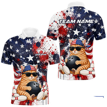 Maxcorners Custom US Flag Funny Yellow Cat Bowling Jersey for Men Bowling Uniform Bowling Team Shirts LM2806