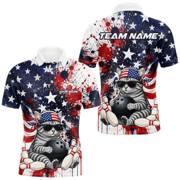 Maxcorners Custom US Flag Funny Silver Cat Bowling Jersey for Men Bowling Uniform Bowling Team Shirts LM2806
