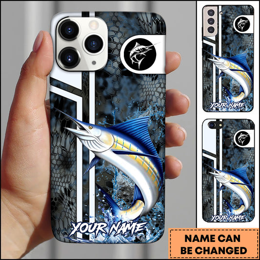 Maxcorners Marlin Fishing Blue Splash Honeycomb Pattern Personalized Name 3D Phone Case