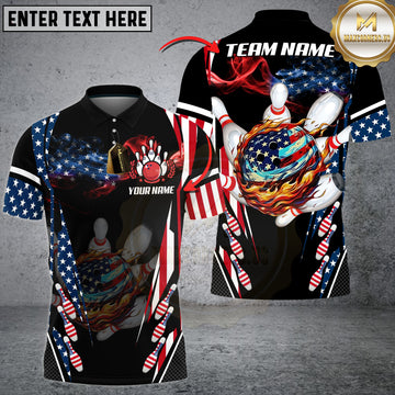 Maxcorners American Flag Bowling Fireball Strike Personalized Name 3D Unisex Shirt