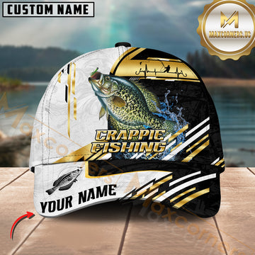Maxcorners Crappie Fishing Black White Gold Premium Pattern Sport Pattern Personalized Name 3D Cap MT78