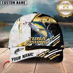 Maxcorners TunaFishing Black White Gold Premium Pattern Sport Pattern Personalized Name 3D Cap MT78
