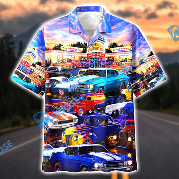 Maxcorners Hot Rod Hawaiian Shirt "Drive-In Diner", Retro Vibe Aloha Shirts