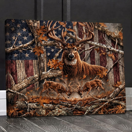 Maxcorners Deer Hunting American Flag and Majestic Buck Rustic Canvas Wall Art