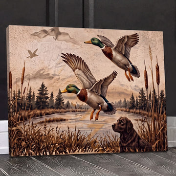 Maxcorners Duck Hunting Flying Mallards and Hunting Dog Wetland Scene Canvas Wall Art