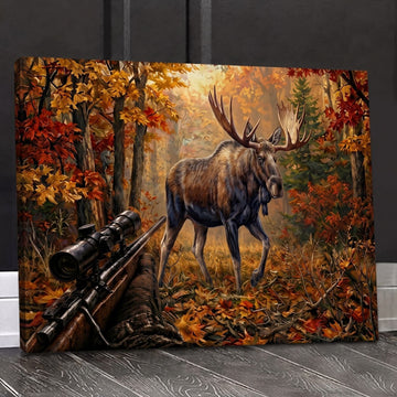 Maxcorners Moose Hunting Rifle and Majestic Buck Autumn Forest Canvas Wall Art