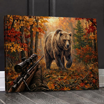 Maxcorners Bear Hunting Rifle and Grizzly Bear Autumn Forest Canvas Wall Art