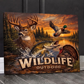 Maxcorners Wildlife Duck Bass Fish Turkey Sunset Outdoor Hunting Scene Canvas Wall Art