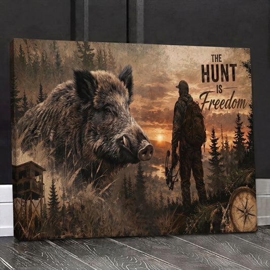 Maxcorners Wild Boar Hunting Hunter Sunset Forest Wilderness Scene Canvas Wall Art