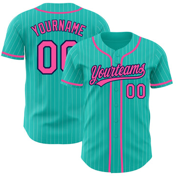 Maxcorners Custom Aqua White Pinstripe Pink-Navy Authentic Baseball Jersey LM2605