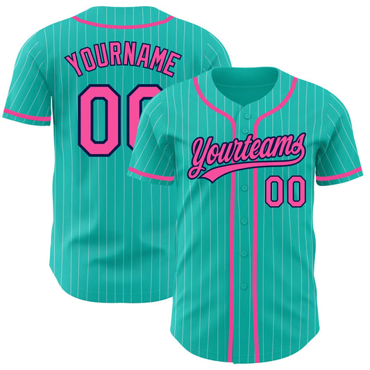 Maxcorners Custom Aqua White Pinstripe Pink-Navy Authentic Baseball Jersey LM2605